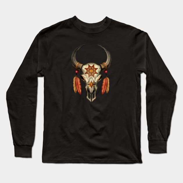 Decorated Native Bull Skull with Feathers Long Sleeve T-Shirt by jeffbartels